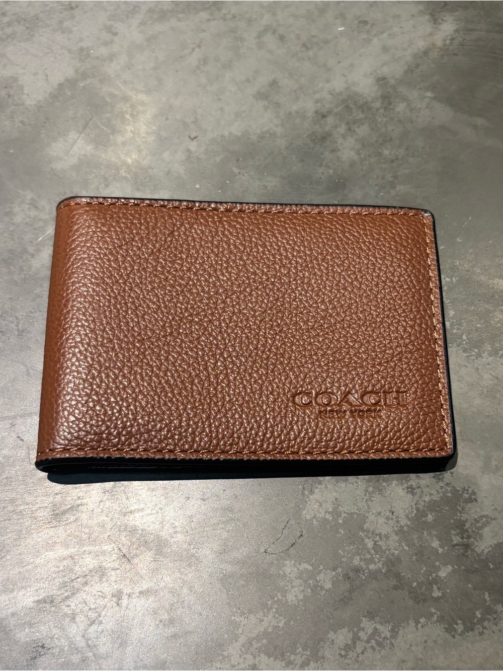 Coach New York Brown Pebble Leather Compact ID Bifold Slim Wallet Card Holder